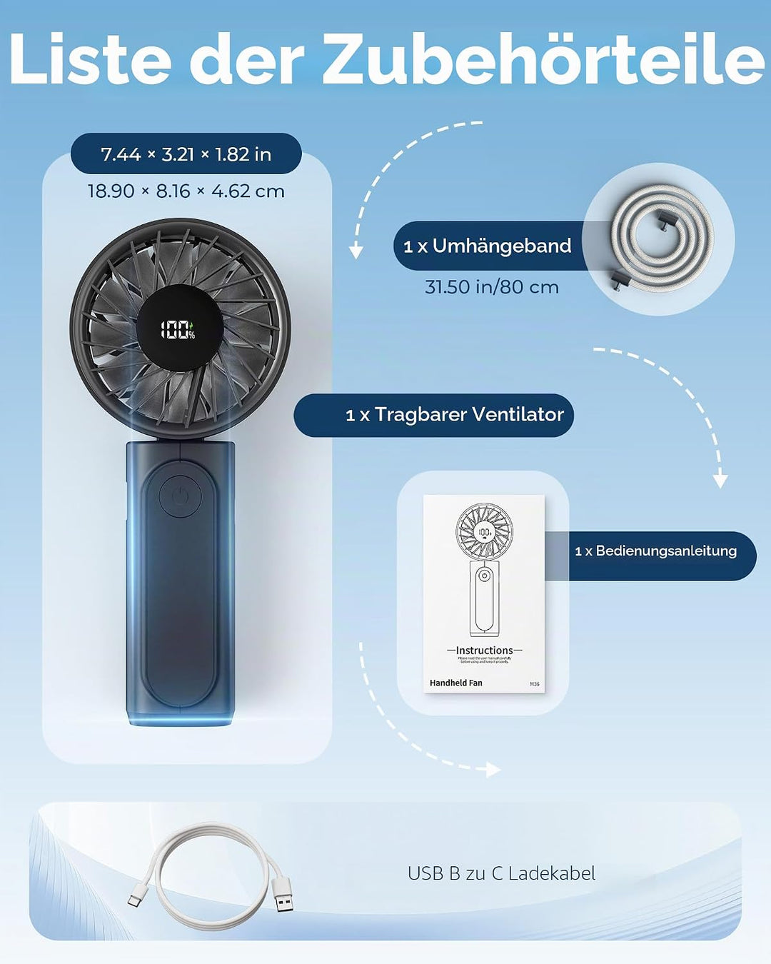 Peiyuu Handventilator, Tragbarer Mini Ventilator mit 4000 mAh, LED-Display Handventilator mit 6 Gesc