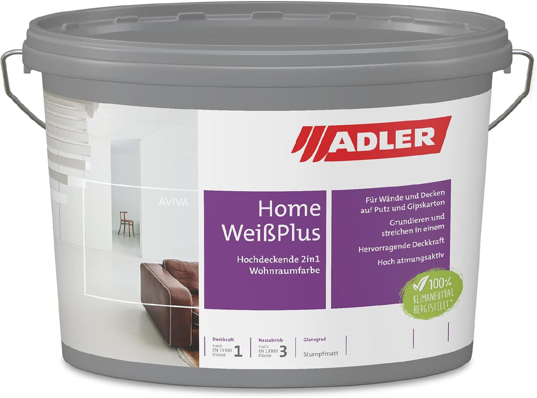 Aviva Home-Weiss Plus - 3 Liter - Wandfarbe mit Grundierung, Trockenbaufarbe, für Gipskarton und gla