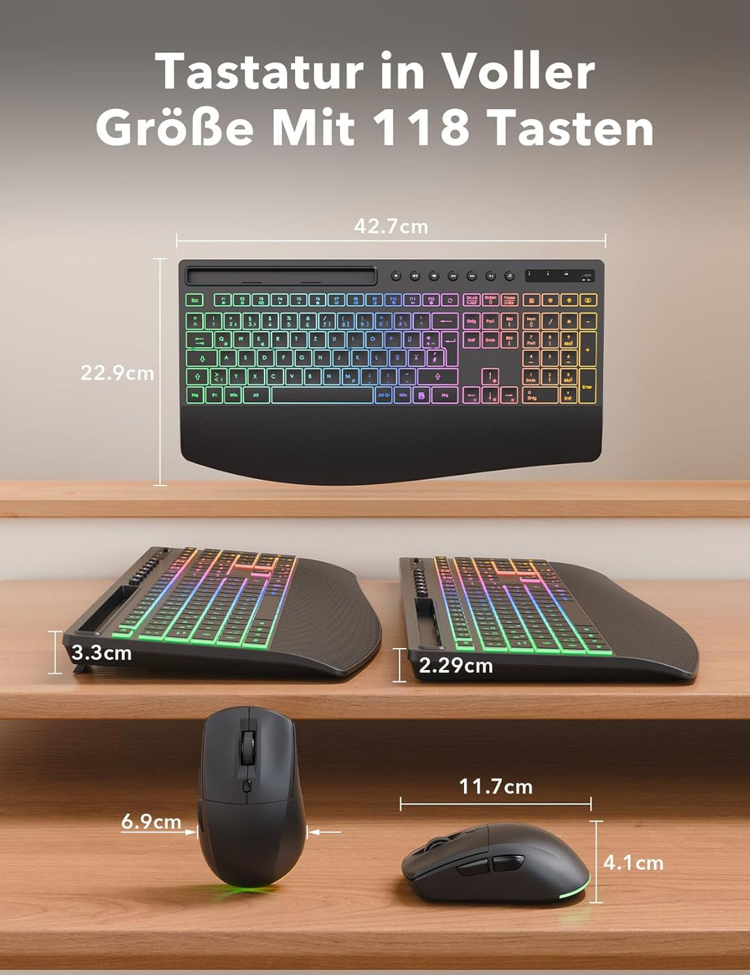 Tastatur Maus Set kabellos Beleuchtete, Wiederaufladbare Tastatur mit 4000 mAh Akku, Telefonhalter,