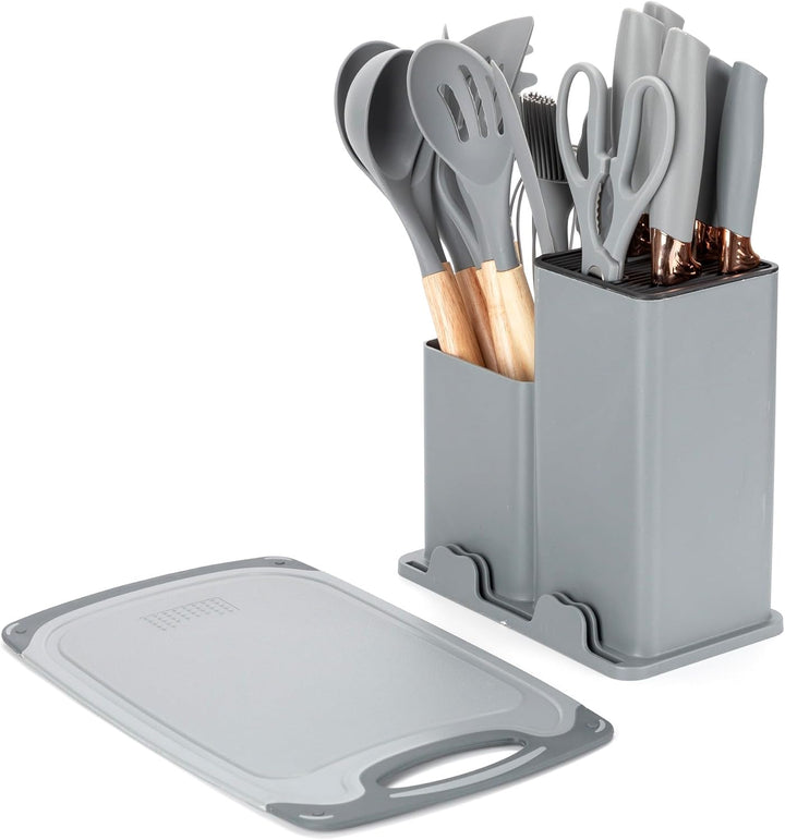 EliteHoff Küchenmesser-Set 19-teilig – Silikon-Küchenutensilien-Set mit Holzgriffen, 5 Messer, 12 Ko