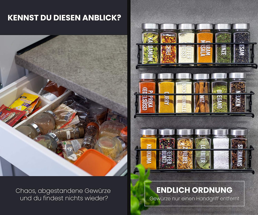 DEKOFY® Gewürzregal mit 18 Gläsern - zum Aufhängen für Wand &amp; Schranktür - ohne Bohren - Gewürzregal