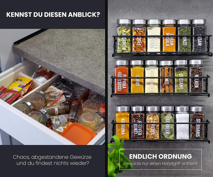 DEKOFY® Gewürzregal mit 18 Gläsern - zum Aufhängen für Wand &amp; Schranktür - ohne Bohren - Gewürzregal