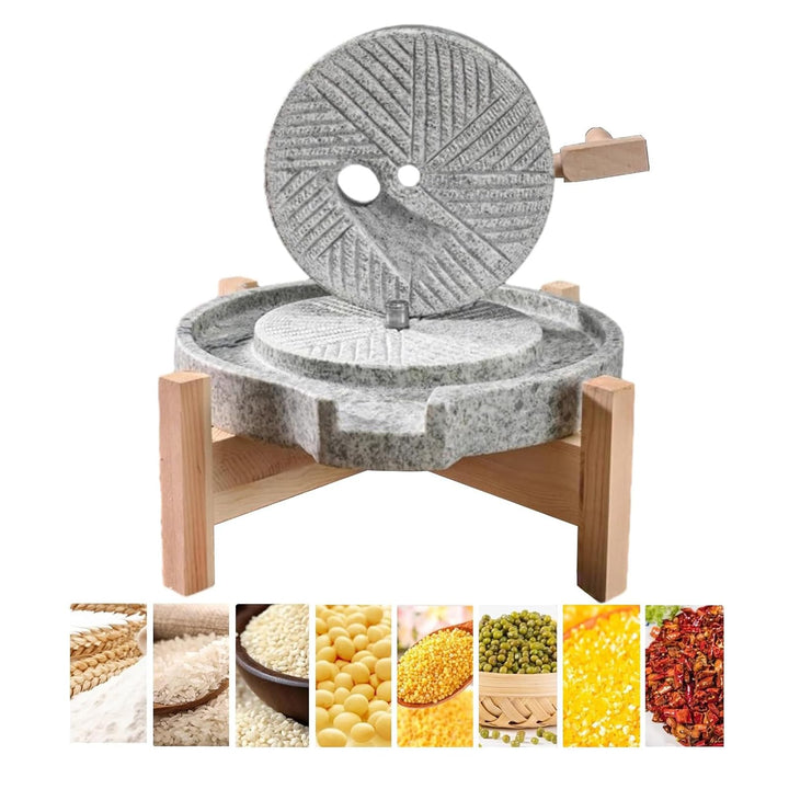Manuelle Steinmühle mit Holzfuss, Mühle für Getreide und Hülsenfrüchte, trocken und feucht