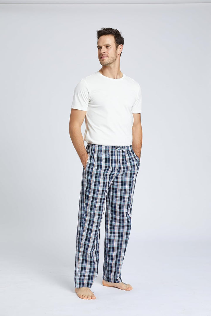 Jveyvth Herren 100% Baumwolle Pyjamahose, Gewebte kariert Schlafhose Loungewear Pyjama Hose mit Tasc