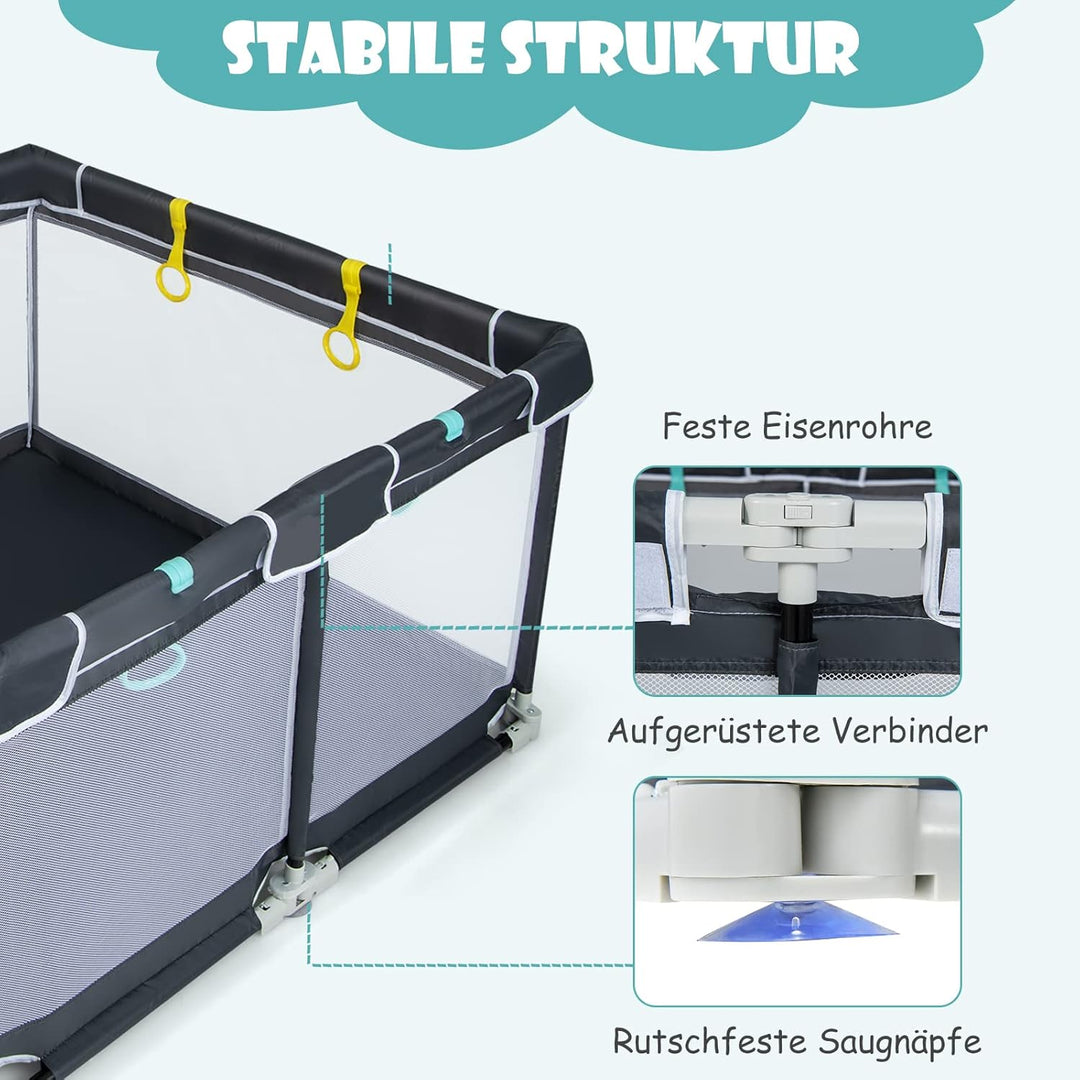DREAMADE Laufstall Baby, 124 x 124 cm Laufgitter Klappbar mit 50 Spielbällen & 4 Zugringen, Schutzgi
