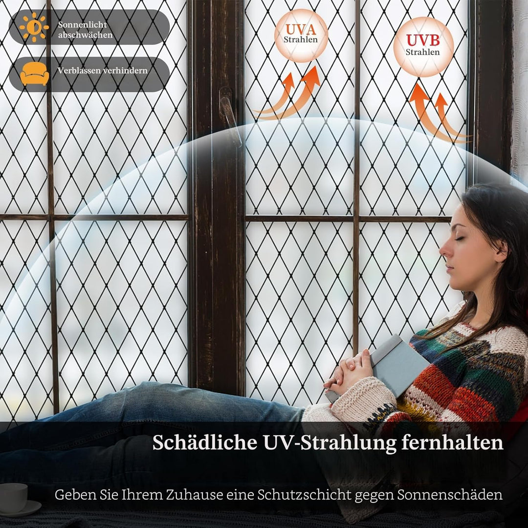 FEOMOS Fensterfolie Schwarze Gitter, Milchglasfolie Statisch Haftend Fensterfolie, Blickschutzfolie
