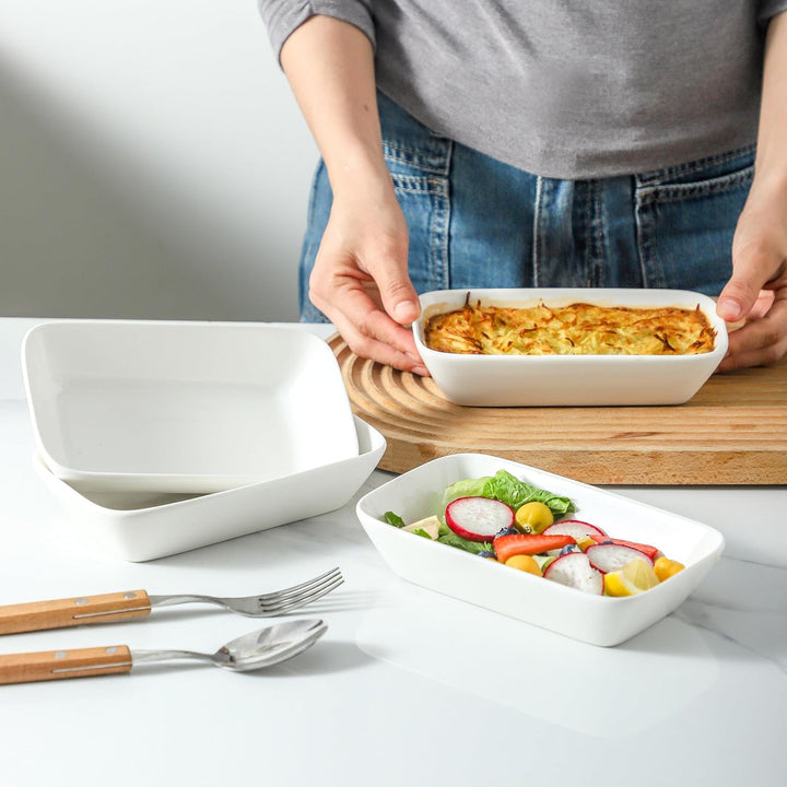 Auflaufform Porzellan 4er Set, 400 ml Rechteckige Porzellan Backformen für je 1 Portion, Klein Aufla