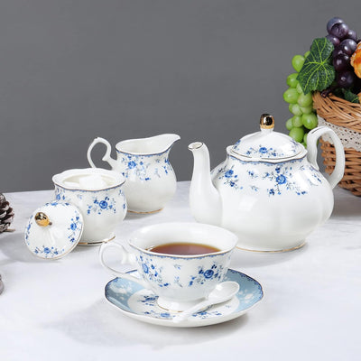 fanquare 21 Stück Porzellan Teeservice, Blau Blumen Tee Set, Englische Kaffeeservice Set mit Teekann