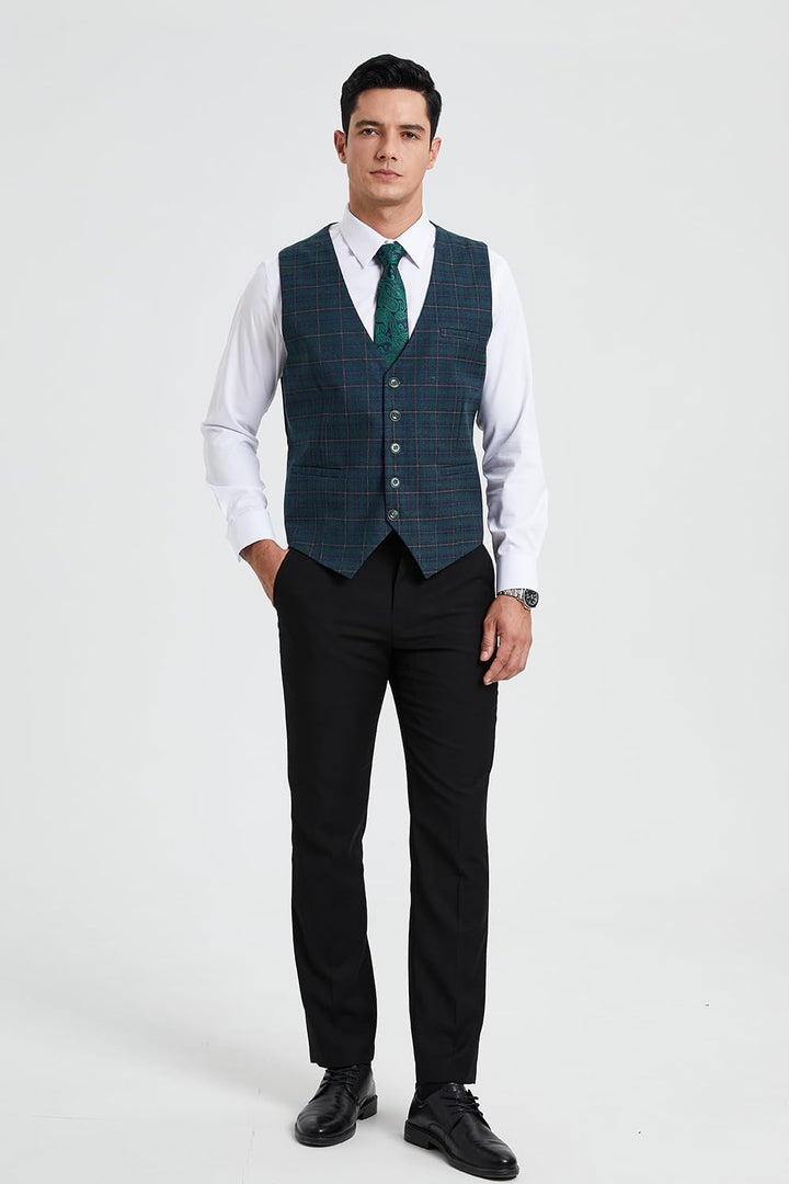 HISDERN Manner Formale Hochzeitsfeier Weste Baumwolle Plaid Kleid Anzug Weste für Herren Grün XS, Gr