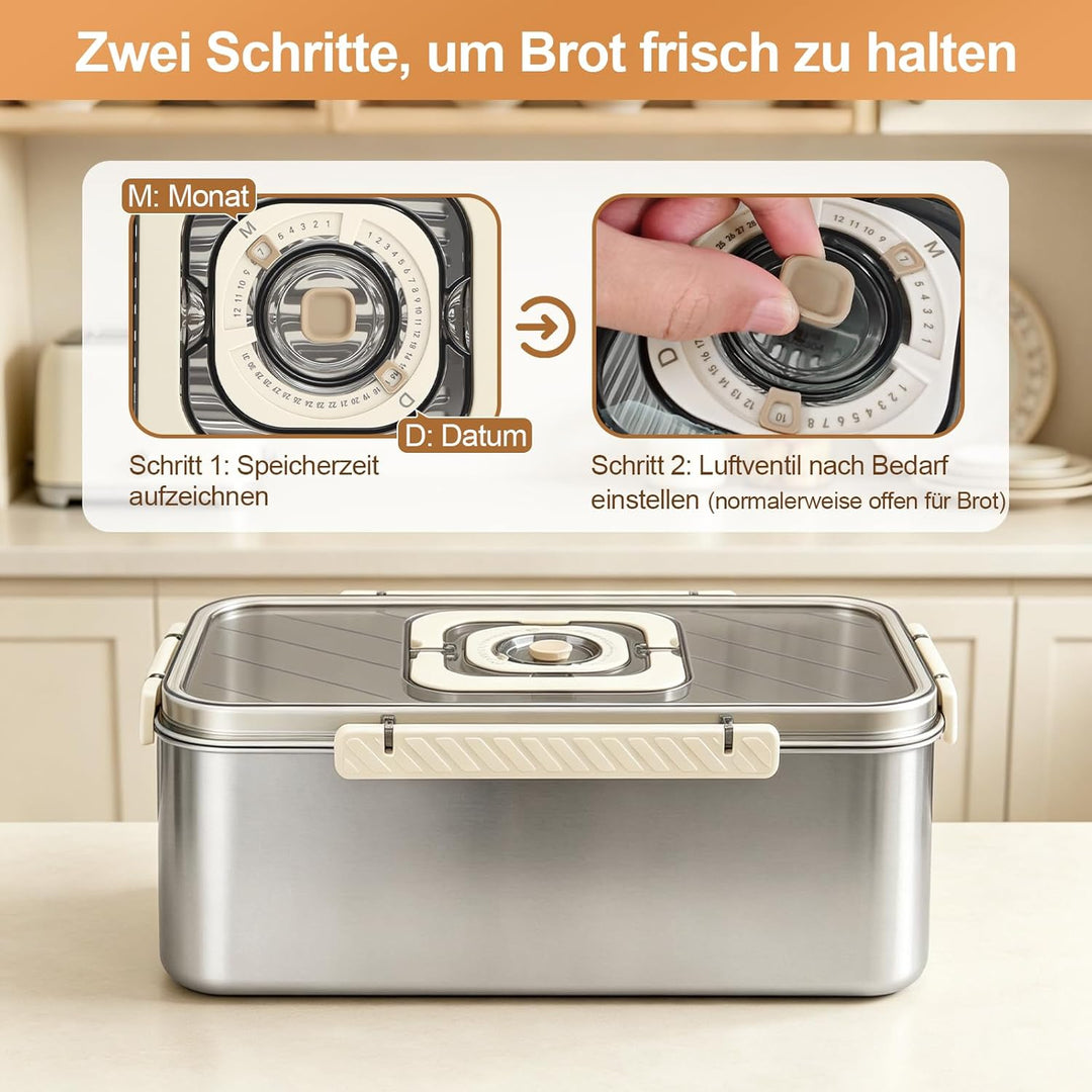 Brotkasten, Brotbox aus Edelstahl mit Zeitaufzeichnung, Versiegelter Brotaufbewahrung Brotkorb mit D