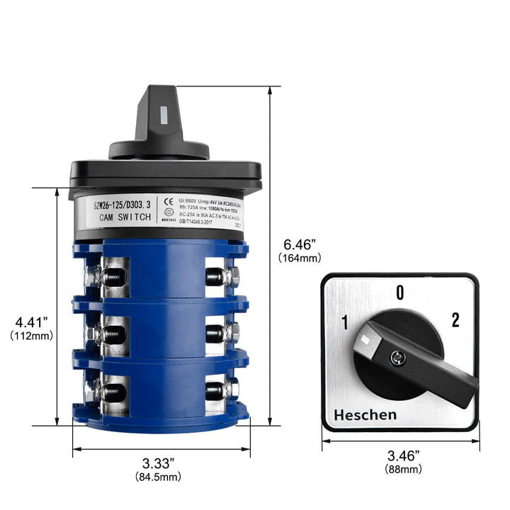 Heschen Universal Drehnockenwahlschalter, SZW26-125/D303.3, 660V 125A, ON-OFF-ON 3 Positionen, 3 Pha