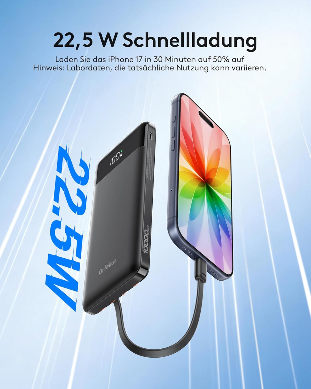 Orfeika 10000mAh Power Bank, 22,5W Powerbank Schnellladung mit 4 Integrierte Kabel,Tragbares Ladeger