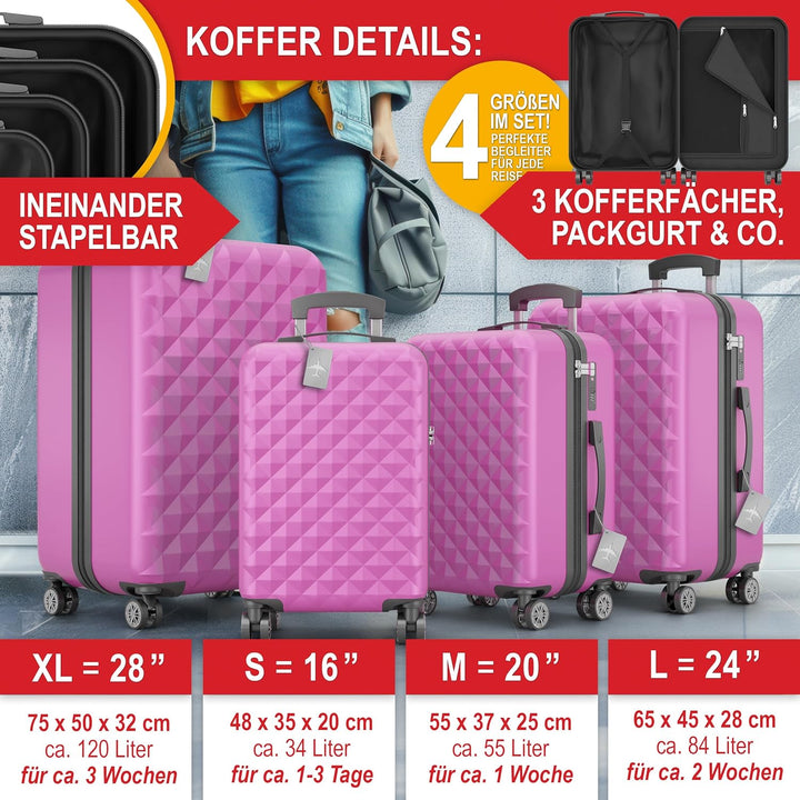 Premium Kofferset 4-TLG – Hartschalen Trolleys mit TSA-Lock, USB-Anschluss – Plus 1x Kofferwaage, 2X