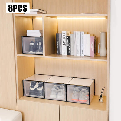 SABUIDDS Schuhboxen 8er Set Schuhkartons Kunststoffbox Stapelbar Transparent Aufbewahrungsbox mit De
