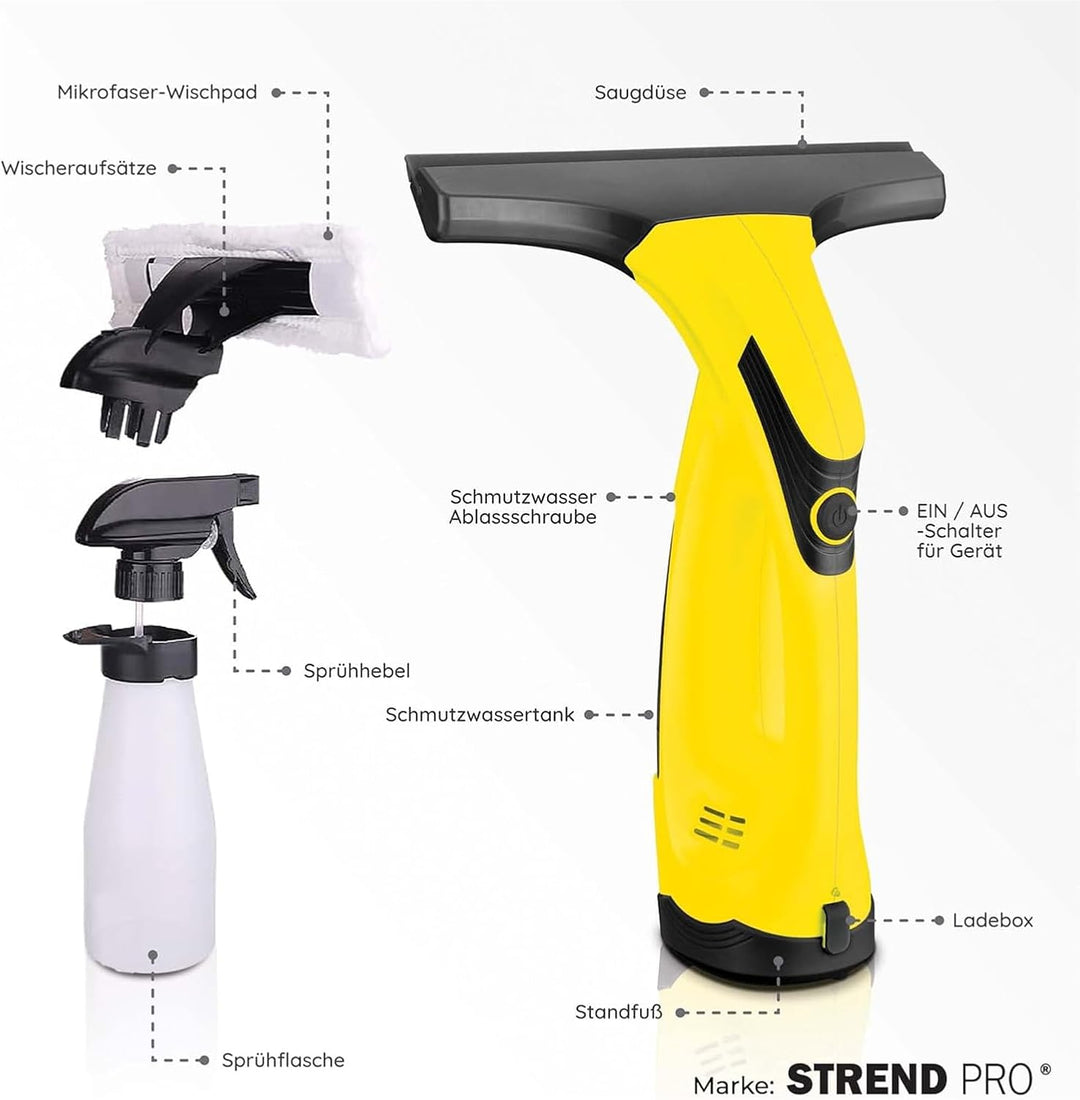 STREND PRO Akku Fenstersauger für PERFECT Fenster Putzen | Fensterreiniger Elektrisch mit Sprühflasc