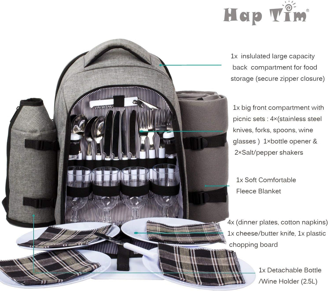 Hap Tim Picknickrucksack 4 Personen Picknickset mit Kühlfach, abnehmbarem Flaschen-/Weinhalter, Flee