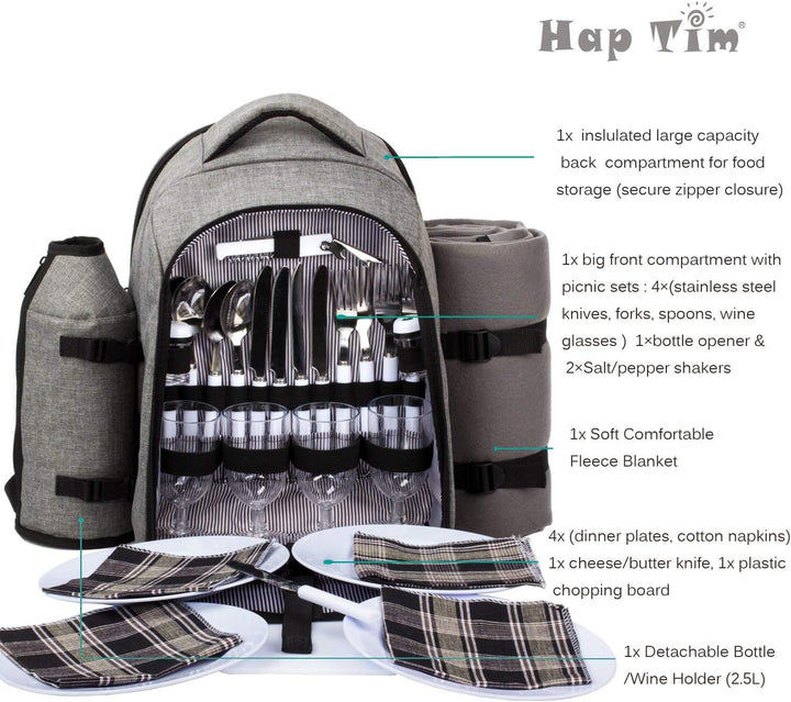 Hap Tim Picknickrucksack 4 Personen Picknickset mit Kühlfach, abnehmbarem Flaschen-/Weinhalter, Flee