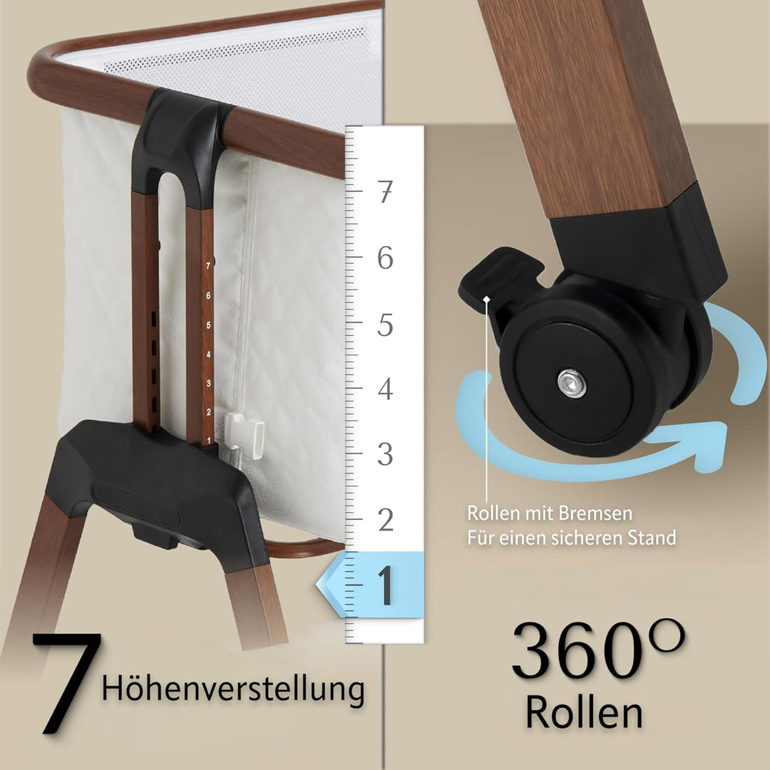SnooBee Babybett Beistellbett Baby & Co-Sleeper – Höhenverstellbares Babybett mit Matratze, Rollen m