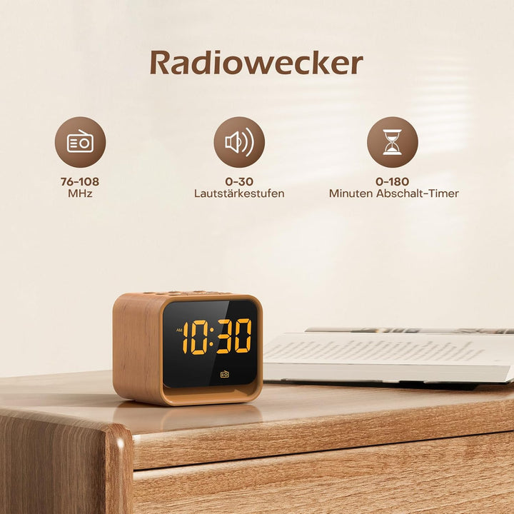 REACHER Radiowecker für das Schlafzimmer, Digitale FM Radiouhr mit Weissrausch-Soundmaschine, 9 Alar