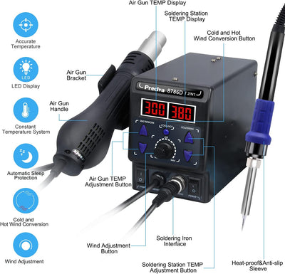 Preciva Heissluft Lötstation Entlötstation Rework Station Lötkolben Station mit LED Display, Standby