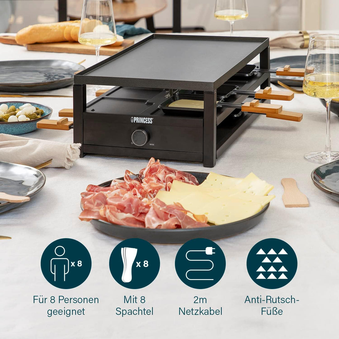 Princess Raclette Black Steel – 8 Personen Parkdeck für Pfännchen grosse Kochfläche 44 x 25 cm regel