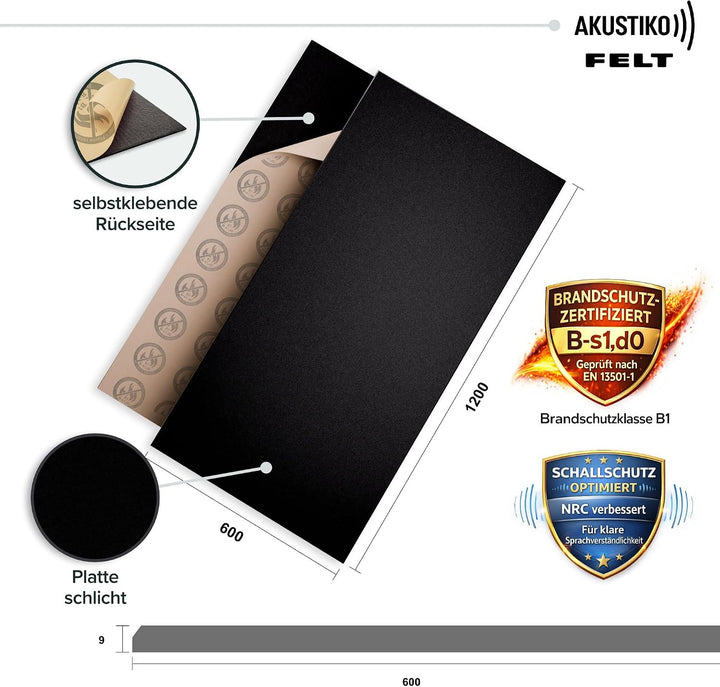 AKUSTIKO Akustikpaneele Selbstklebend 120x60cm - 4 Stück Schwarz Akustik Wandpaneele Brandschutzklas