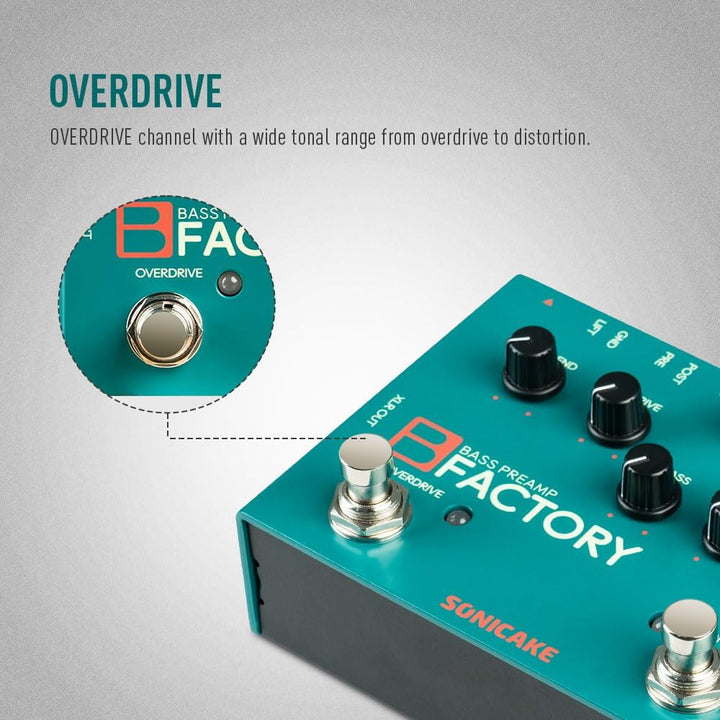 SONICAKE Bass Pedal mit Overdrive Analog Preamp Compression Effektpedal 3-Band EQ XLR Output B Facto