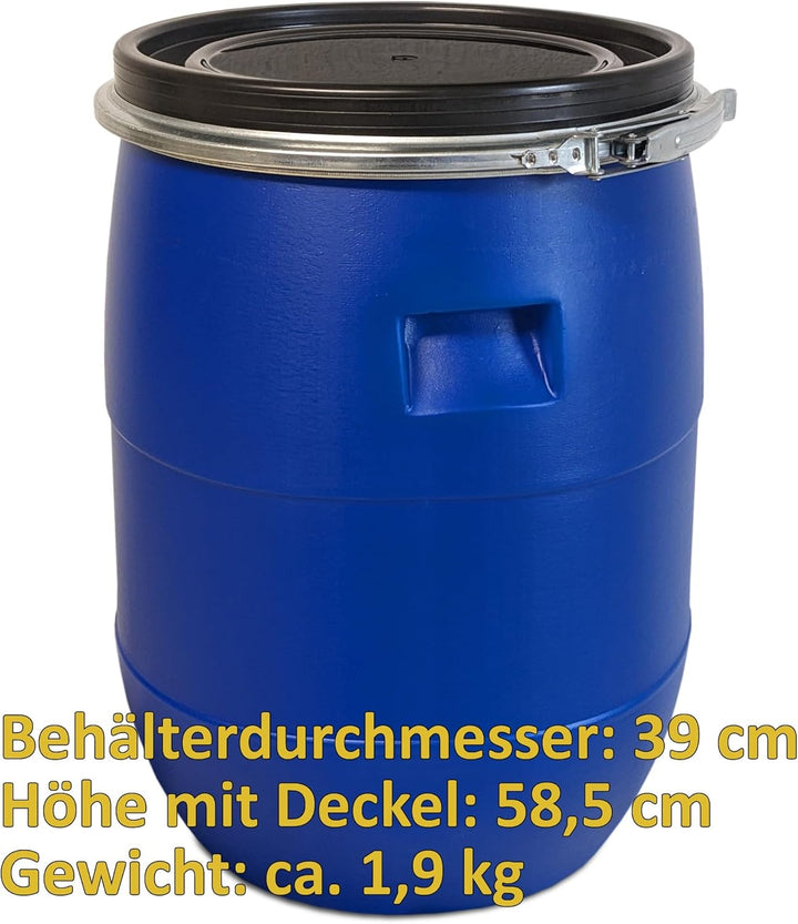 plasteo® 60 Liter Weithalsfass mit Deckel und Spannring, Lebensmittelecht BPA-Frei, Futtertonne Kuns