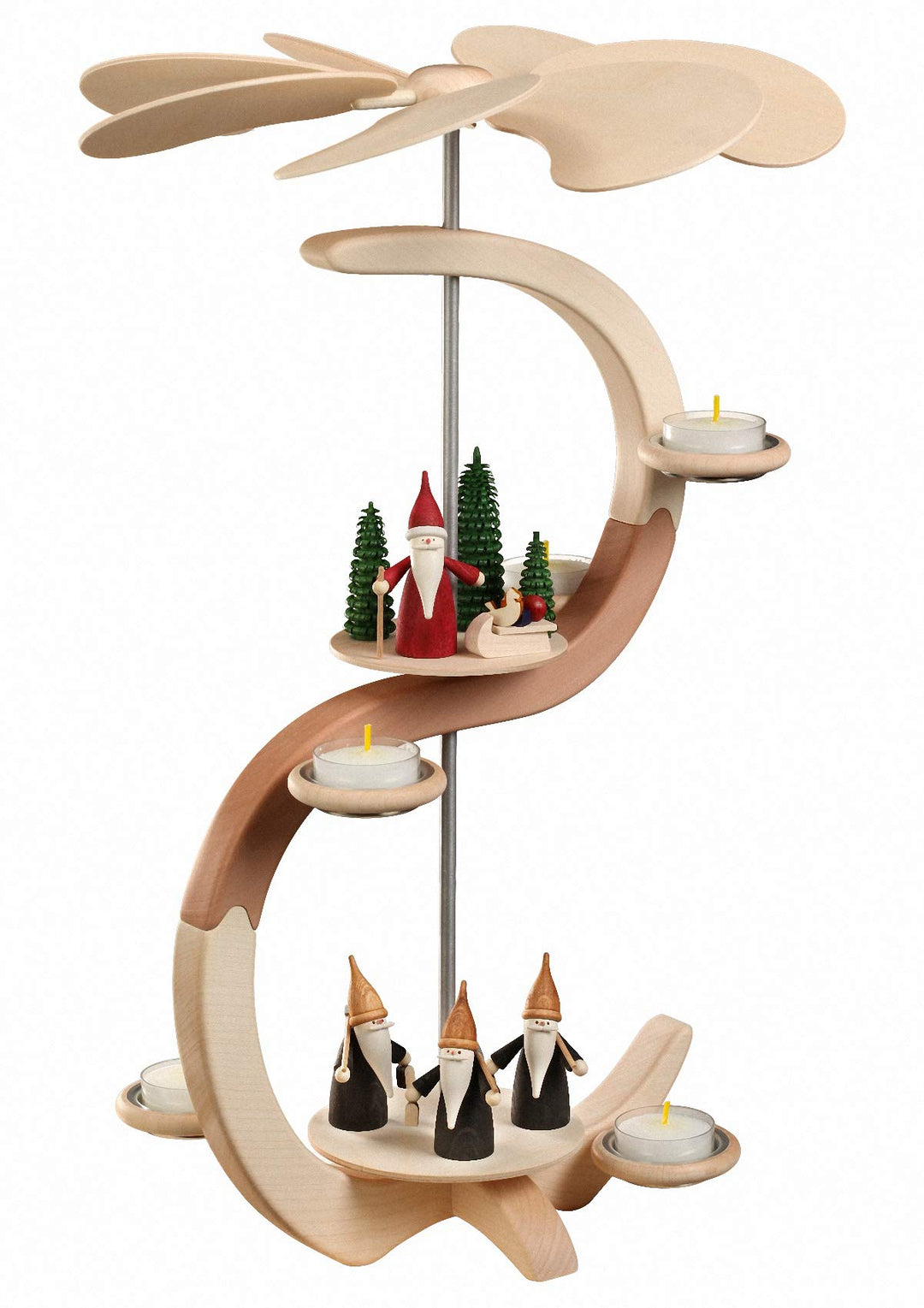 Seiffener Volkskunst Weihnachtspyramide Bogenpyramide, 2-stöckig, 46 cm hoch, Natur, original Erzgeb