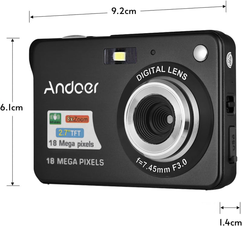 Andoer Digitalkamera, 18M 720P HD Kamera Digital Video Camcorder mit 2 Stück Akkus 8X Digital Zoom A