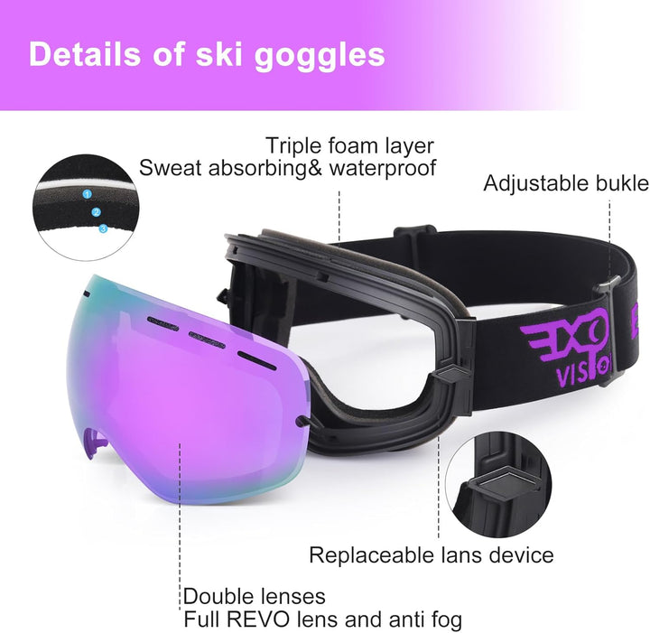 EXP VISION Snowboard Skibrille für Herren Damen Jugend, 100% UV400 Schutz Anti Beschlag über der Bri