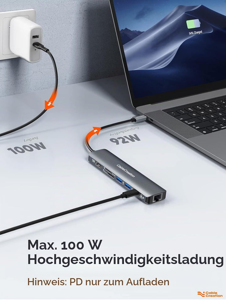 CableCreation USB C Hub,7 in 1 Multiport Adapter mit HDMI 4K 60Hz,Ethernet 1Gbps, 100W PD, SD, Micro