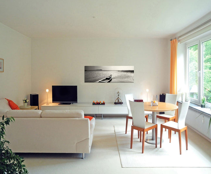 Paul Sinus Art Panoramabild auf Leinwand und Keilrahmen 150x50cm See Boot Kanu schwarz/weiss