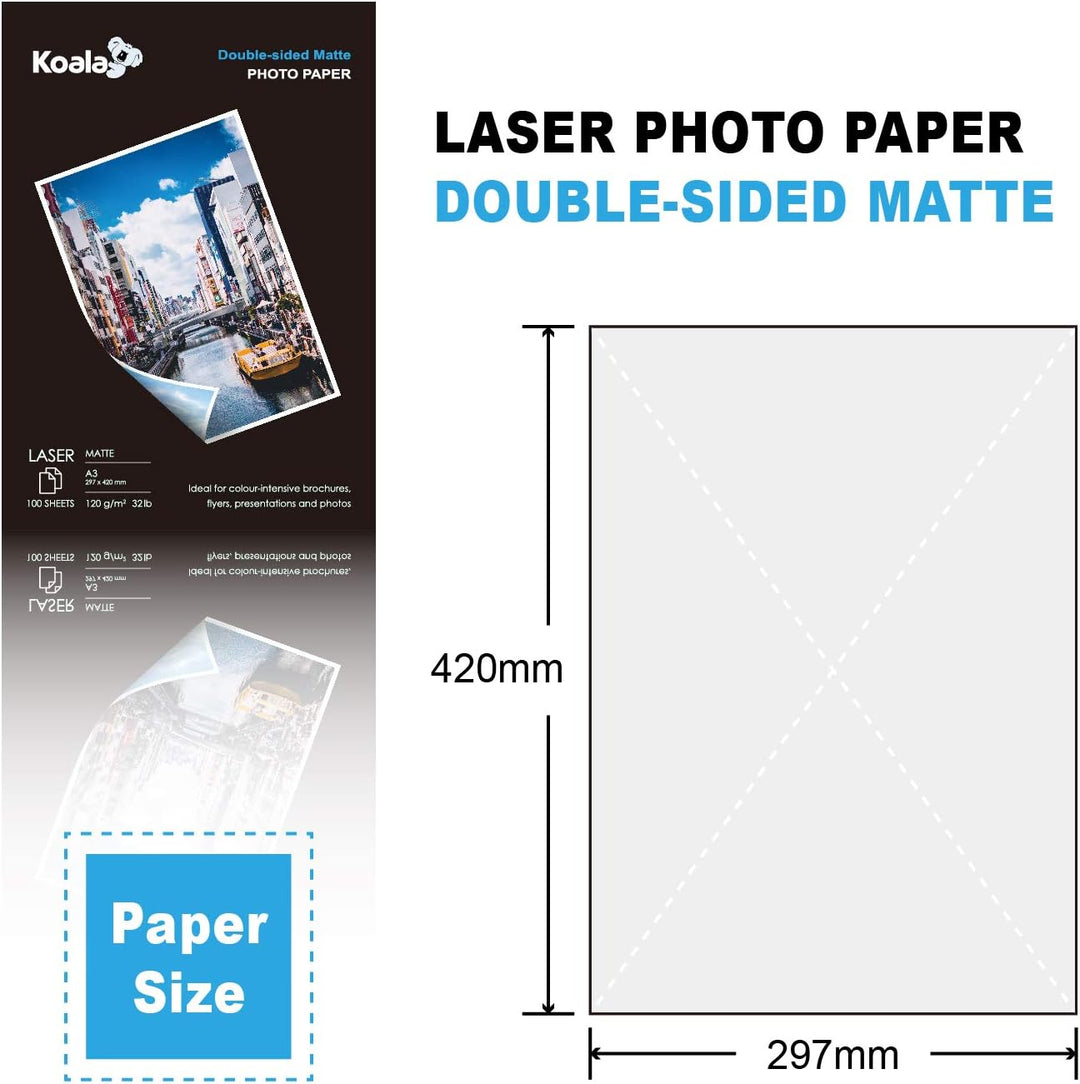 KOALA Fotopapier für Laserdrucker, Doppelseitig, Matt, A3, 120 g/m², 100 Blatt. Geeignet zum Drucken