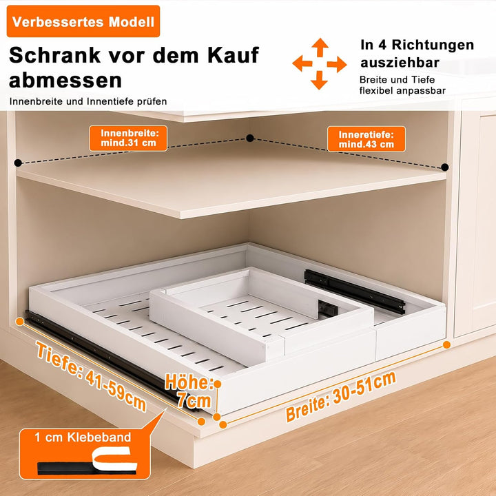 PNNP Teleskopschublade Ausziehbar Küche Schublade: Breite Verstellbar 32-53 cm Mit Selbstklebende Au