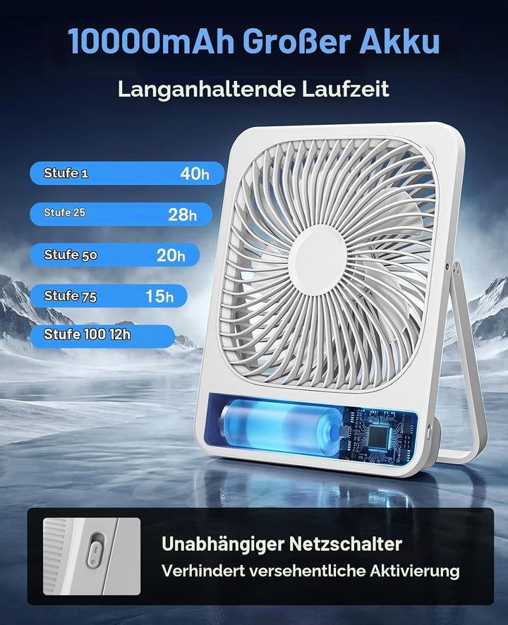 Akku Ventilator: 10000mAh 40H Tischventilator Leise mit 100 Stufen, 15s Auto-Aus LED Display, Reinig