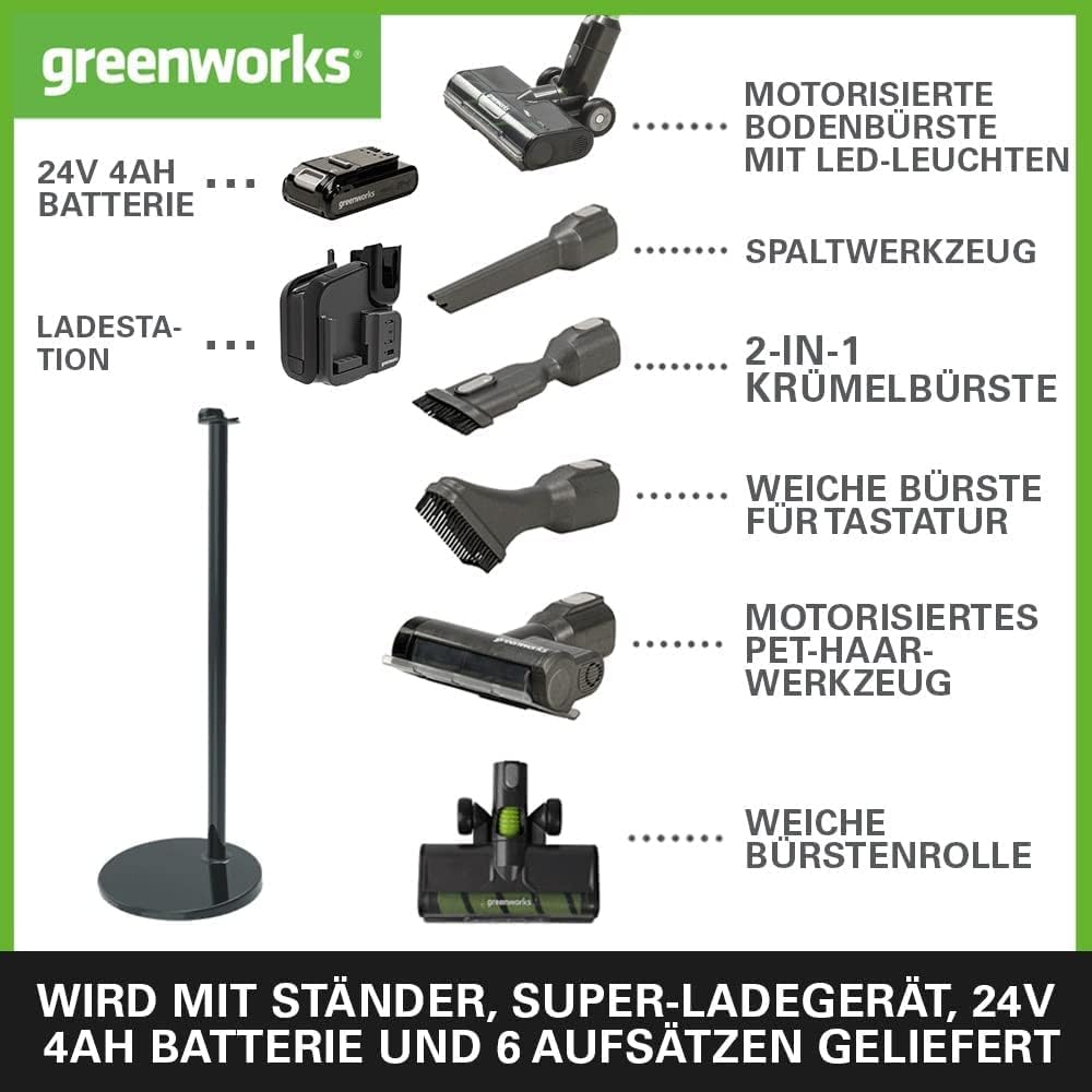 Greenworks GD24SVK4D Deluxe Kabelloser Staubsauger, hohe Saugleistung, 45 Minuten Laufzeit, Hepa-Fil