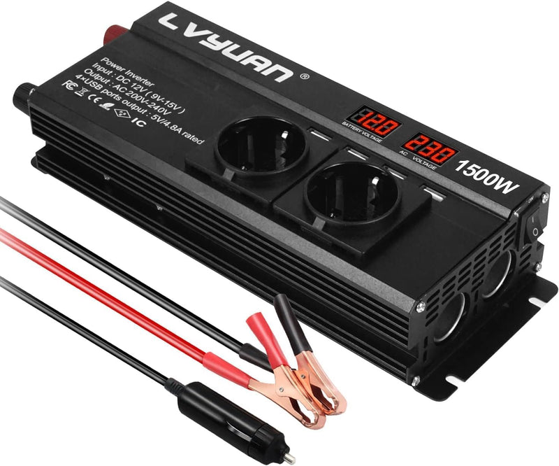 Yinleader Wechselrichter 12V 230V 1500W Spannungswandler mit 2 Steckdose und 4 USB 2 LED 1500Schwarz