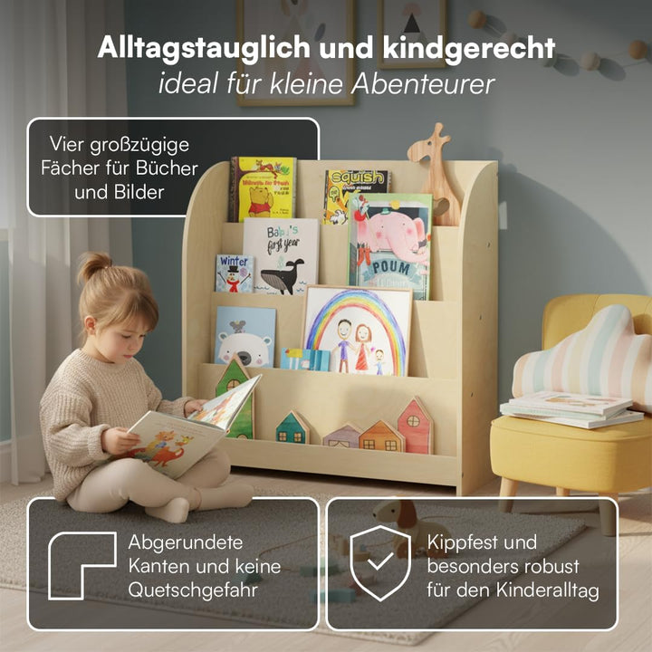Bellabino Baru Bücherregal Kinder – Montessori Bücherregal mit 4 Breiten Fächern – Kinder Bücherrega