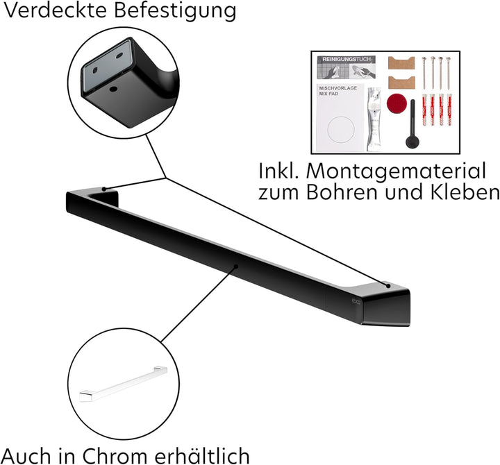 KEUCO Rose Badetuchhalter 80 cm, ohne Bohren, Metall schwarz matt, Made in Germany, inkl. Klebeset u