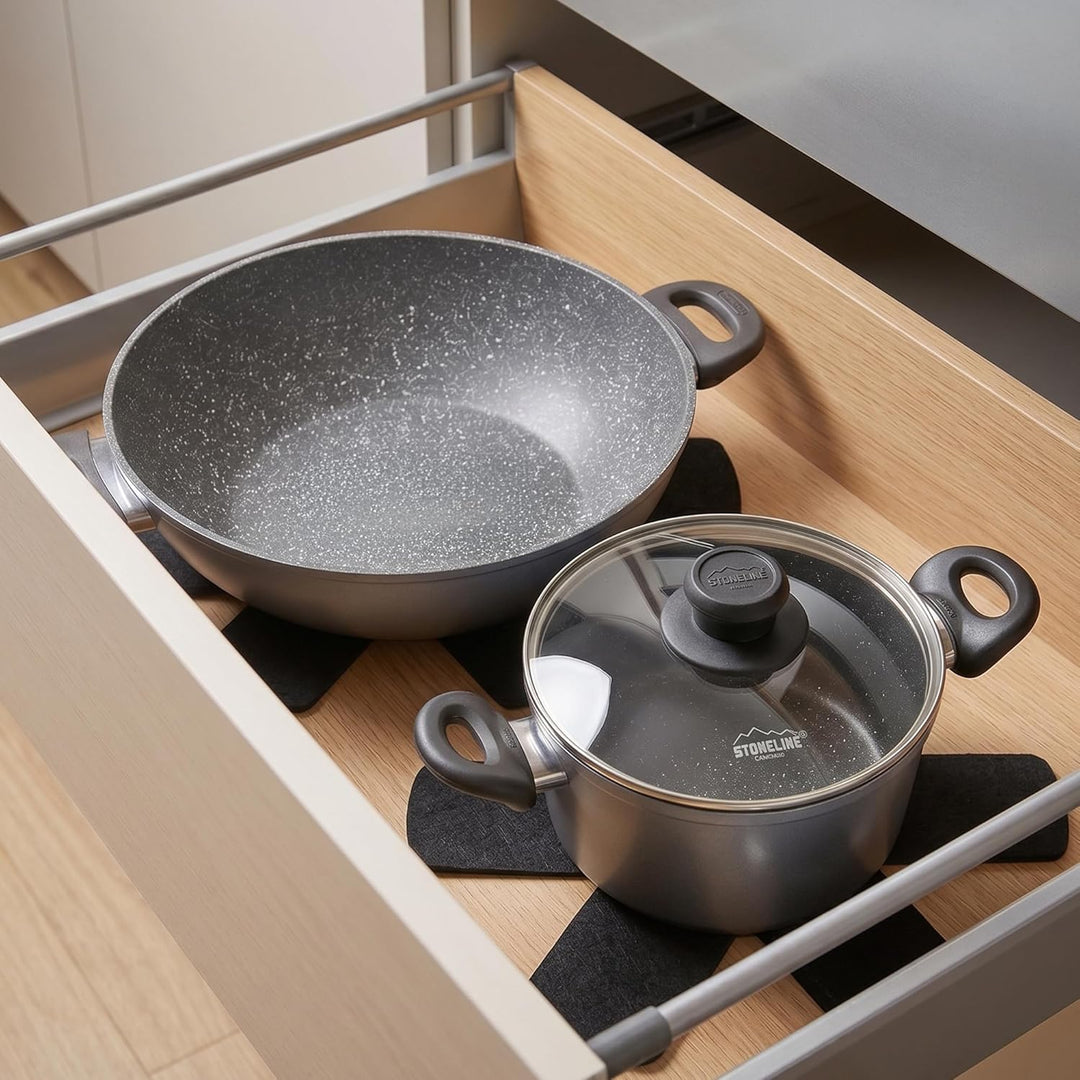 Stoneline Wok 32 cm, mit Deckel, Aluguss, Wok Pfanne beschichtet mit echten Steinpartikeln, grau, oh