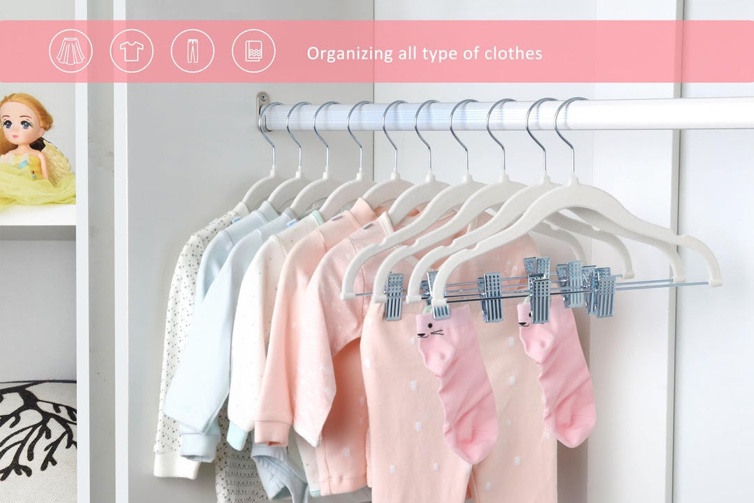 ManGotree Kinder-Rockbügel, 28 Pack Baby-Samtbügel mit beweglichen Clips, rutschfeste Hosenbügel, 30