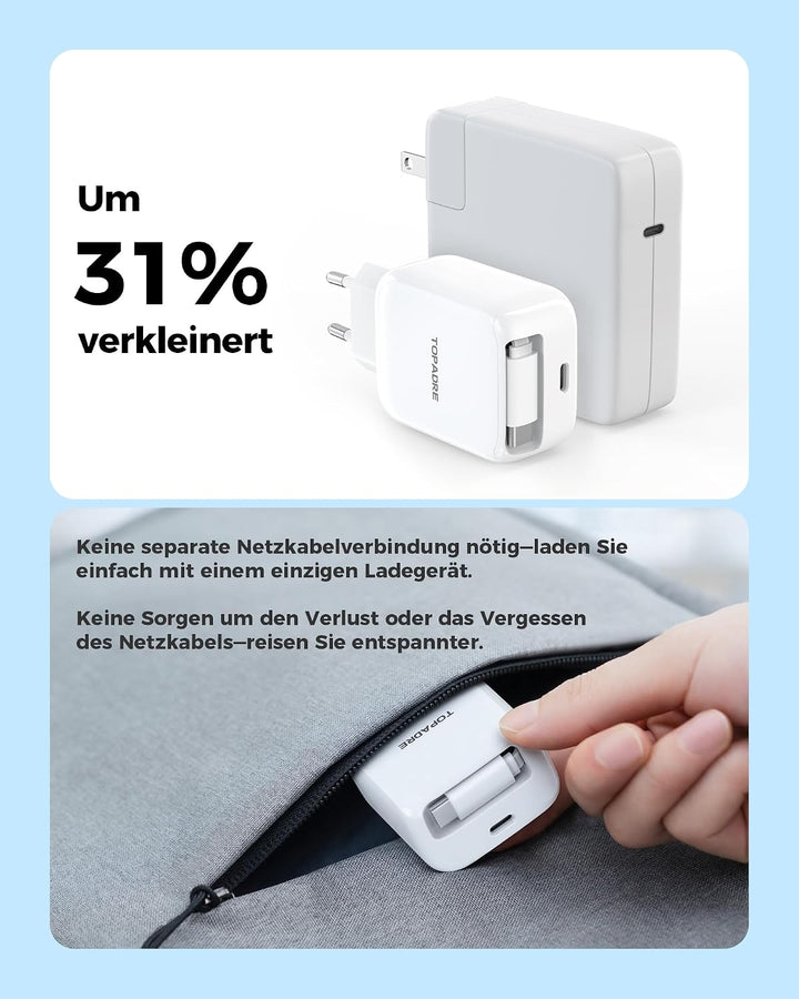 30W USB C Ladegerät, Schnellladegerät mit Einziehbares Ladekabel, GaN Ladestecker USBC PD 3.0 Power