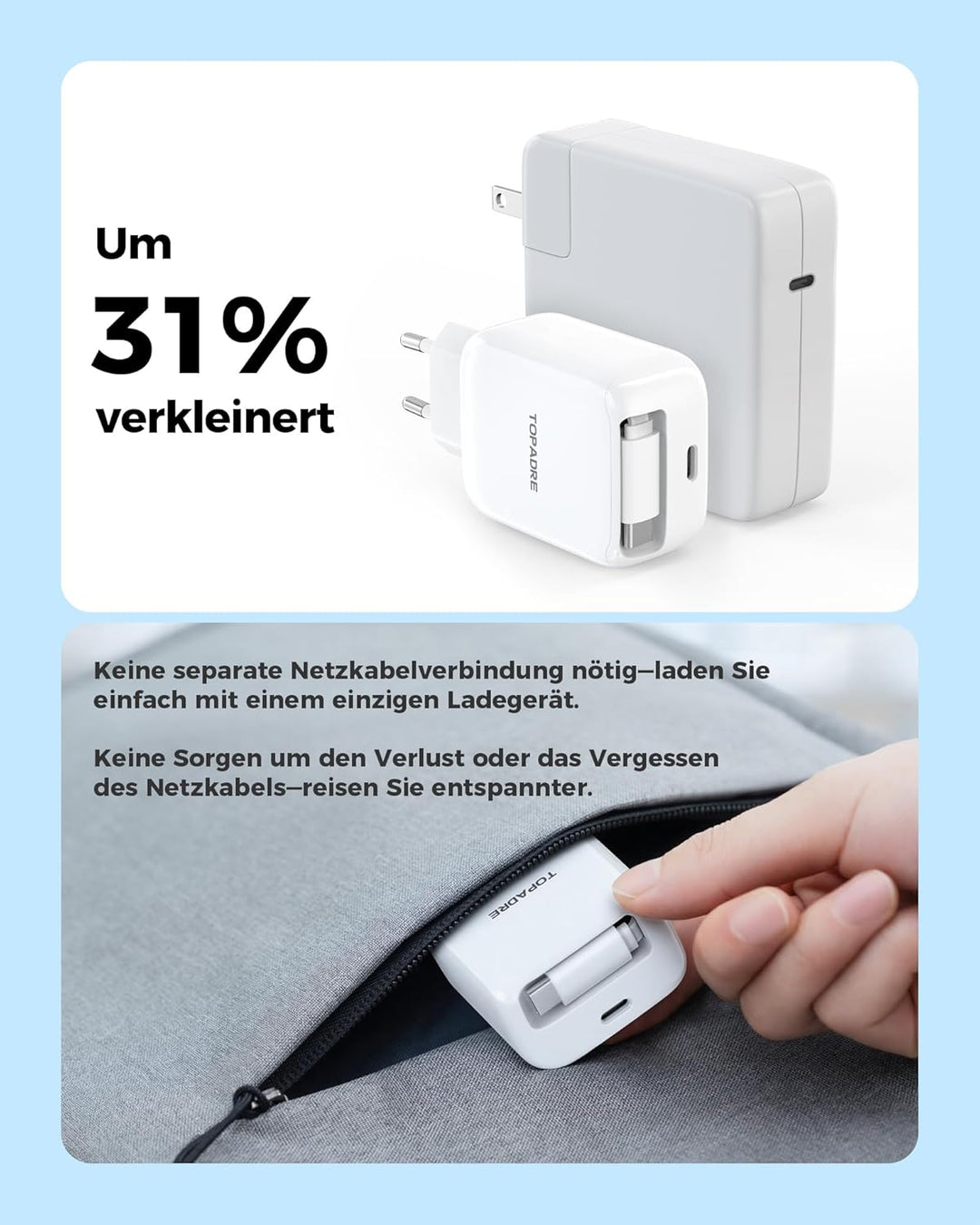 30W USB C Ladegerät, Schnellladegerät mit Einziehbares Ladekabel, GaN Ladestecker USBC PD 3.0 Power