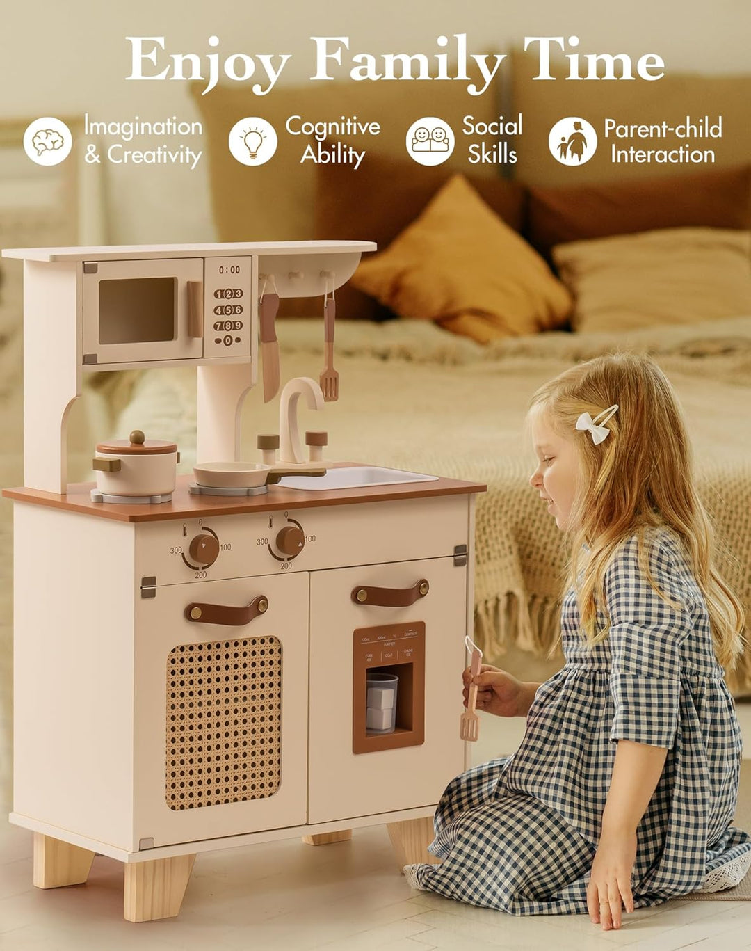 ROBUD Spielküche Holz für Kinder, Kinderküche Holz Küchen Spielset mit Interaktivem Zubehör & Eiswür