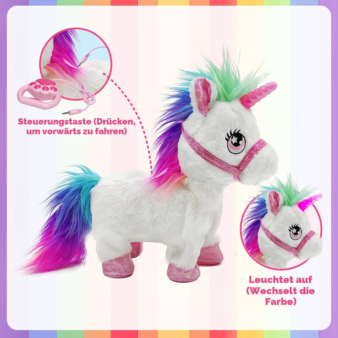 YH YUHUNG Laufendes Einhorn Spielzeug mit Leine, Interaktives Plüschtier Pony mit Licht & Sound, Ele