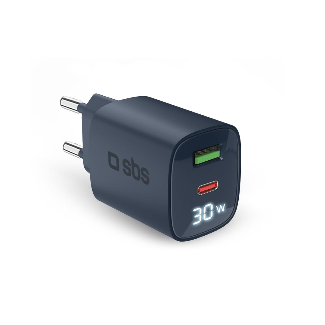 SBS Mehrport-Ladegerät 30W mit LCD, 1 USB-C-Anschluss und 1 USB-A-Anschluss, EU-Stecker, Power Deliv