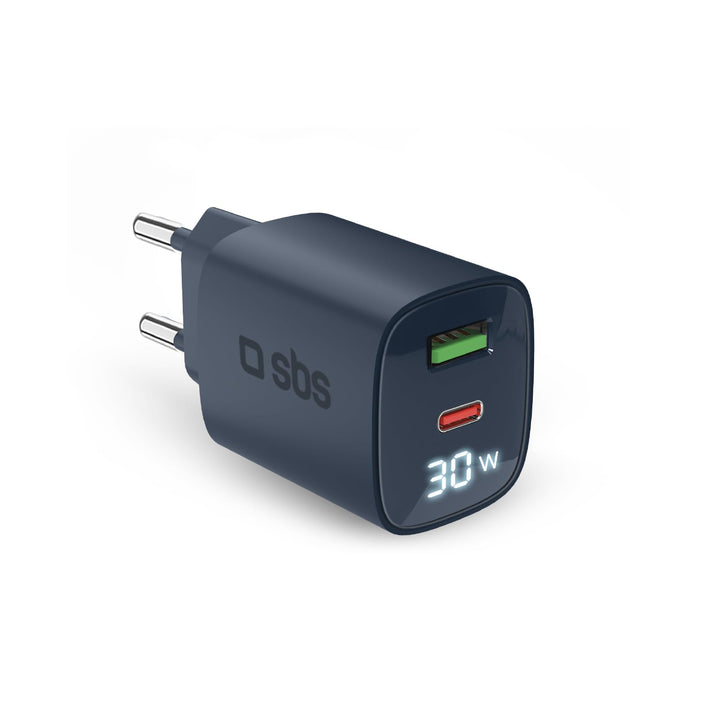 SBS Mehrport-Ladegerät 30W mit LCD, 1 USB-C-Anschluss und 1 USB-A-Anschluss, EU-Stecker, Power Deliv
