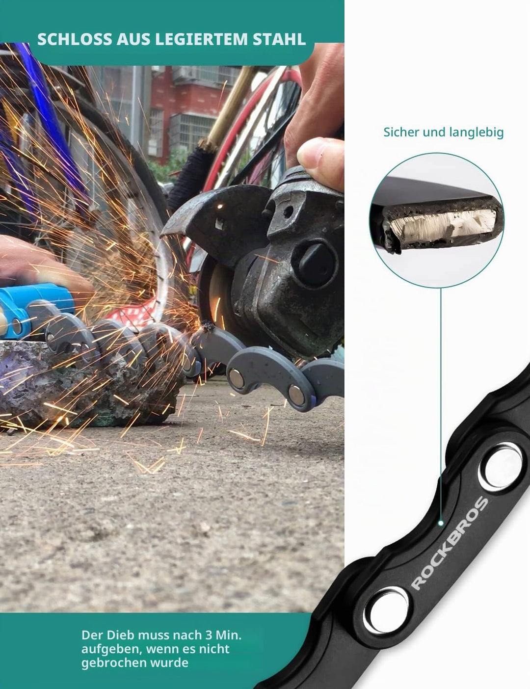 ROCKBROS Fahrradschloss mit Schlüssel 70cm mit Halterung Faltschloss Kettenschloss 519g aus Zinklegi