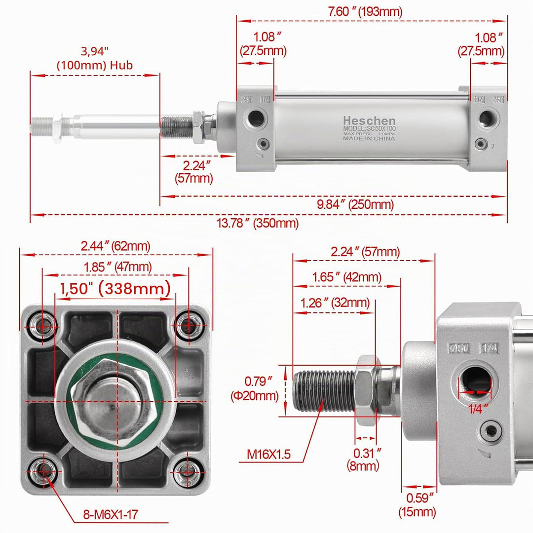 Heschen Pneumatischer Standard-Luftdruckzylinder, SC 50-100, PT1/4" Anschluss, 50mm Bohrung, 100mm H